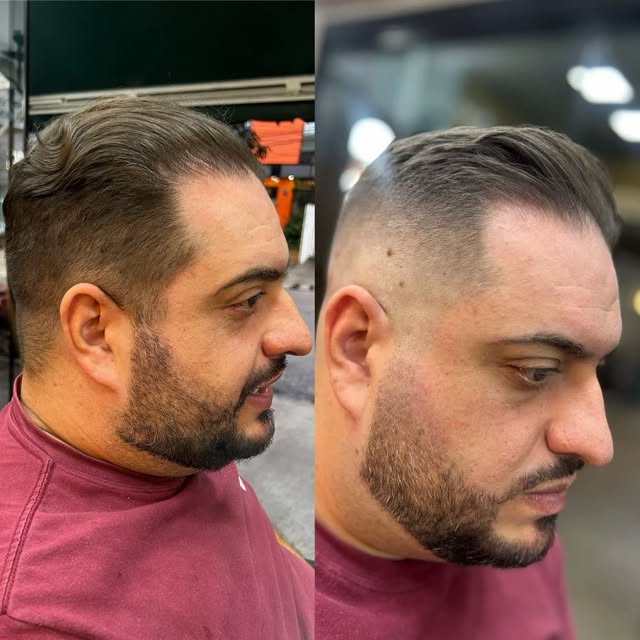 Dois ângulos de um corte com laterais baixas e barba